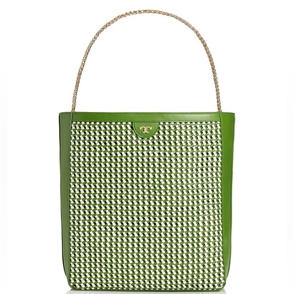 Tory Burch Handbags - Tory Burch Erica Woven Green and White Patterned Shoulder Bag
